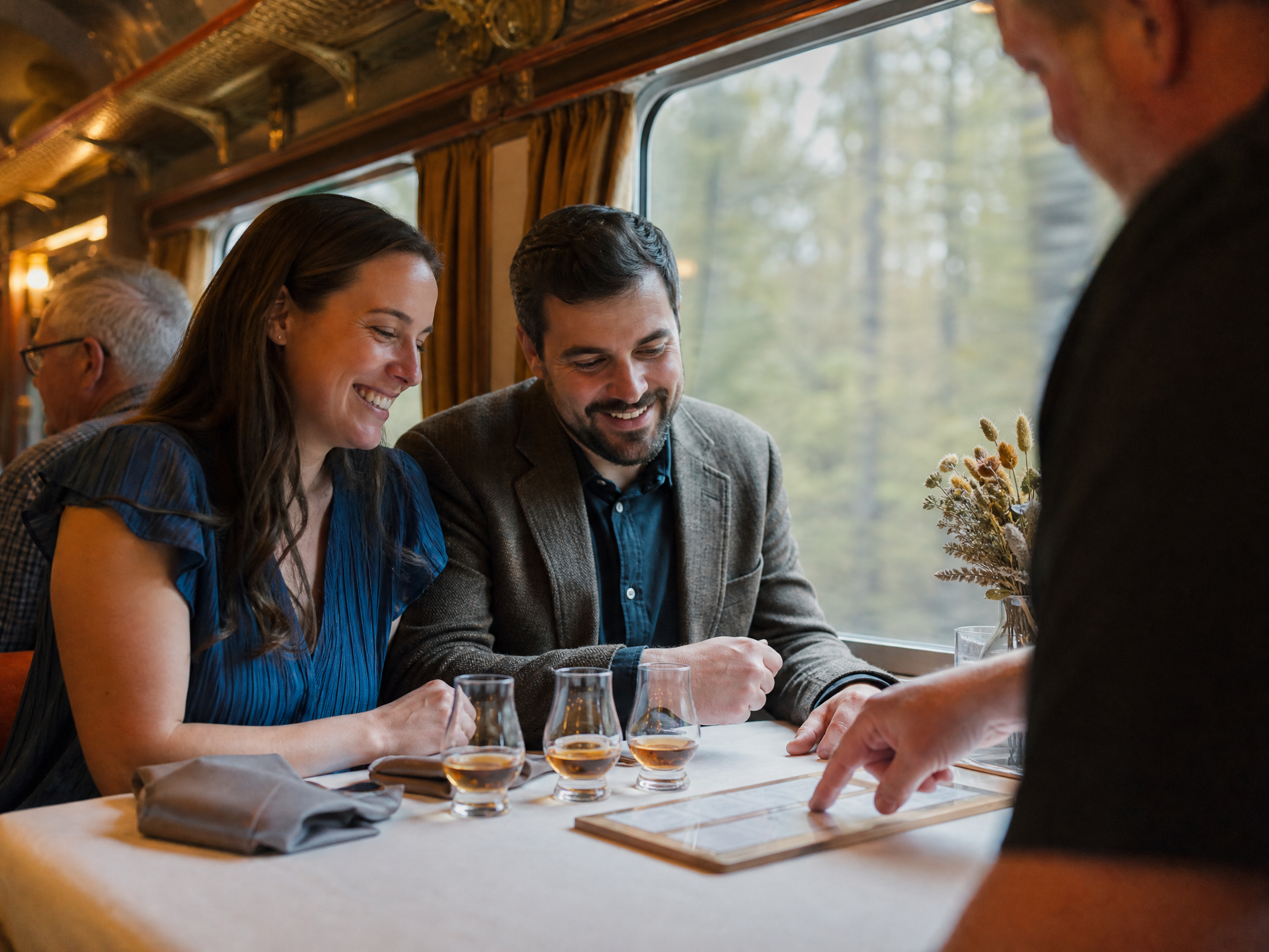 Guests enjoying a guided bourbon tasting at a table aboard a historic Kentucky dining train
