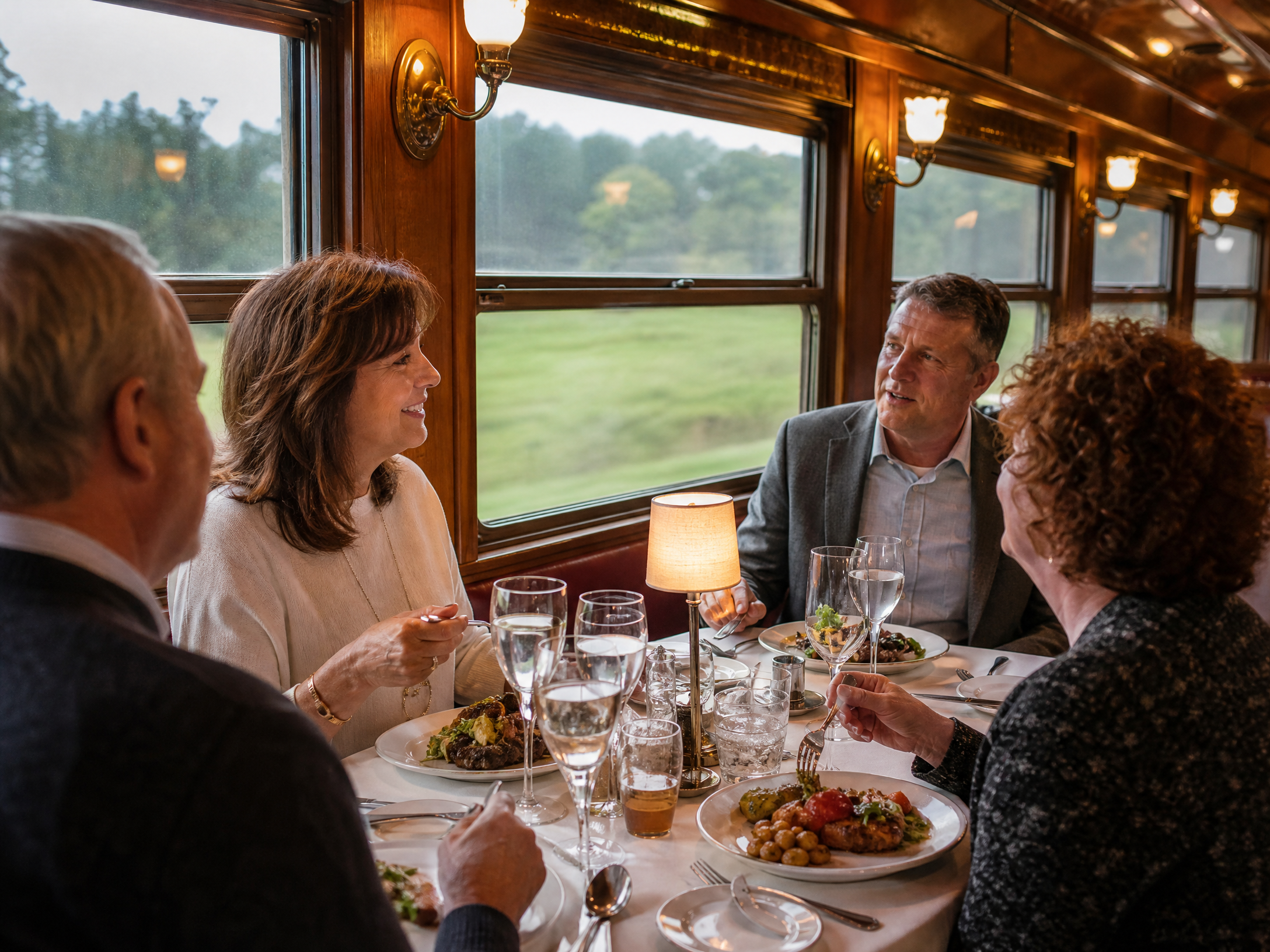Guests having dinner inside a restored 1940s dining car with warm brass lights and white linen tables