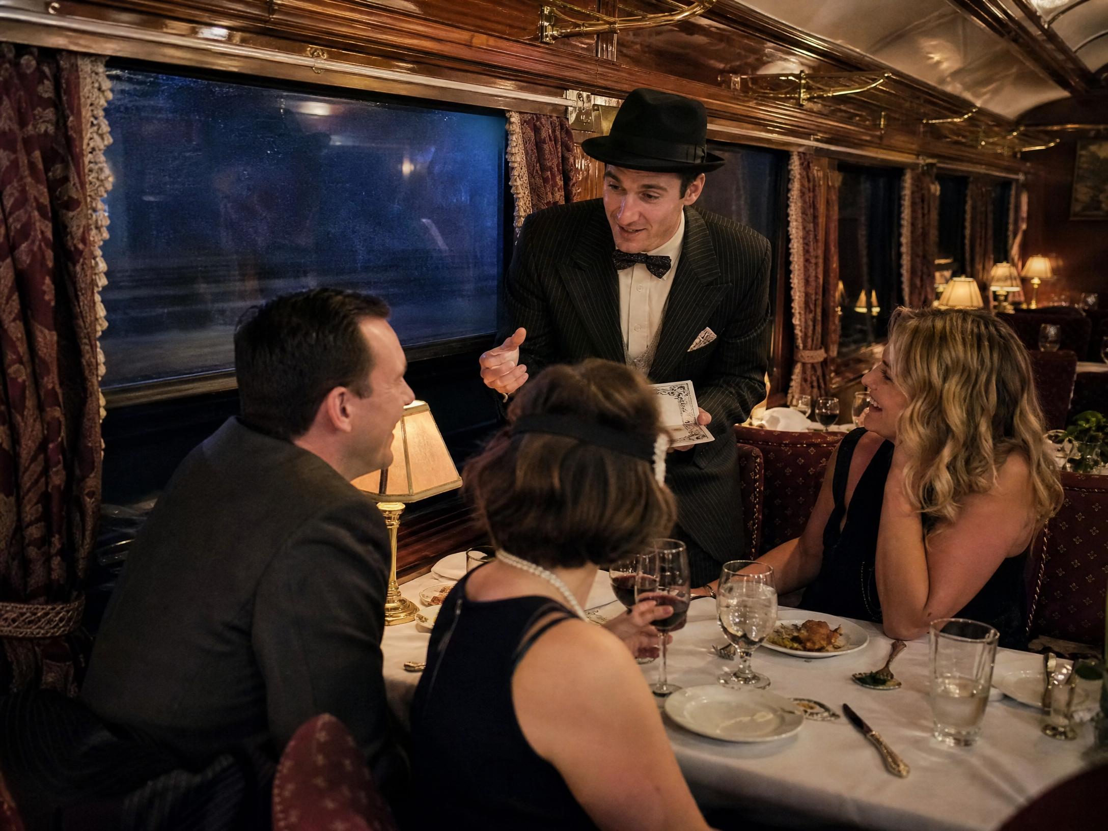A performer sharing a theatrical clue with dinner guests inside a historic dining car